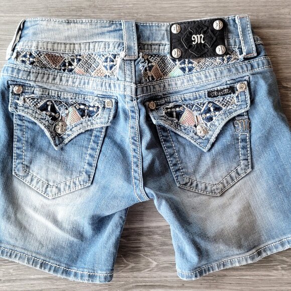 MISS ME LOW RISE SHORTS BLUE JEAN DENIM W/RHINESTONES & HOLOGRAPHIC POCKETS SIZE - Picture 10 of 13